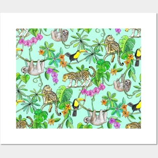 Rainforest Friends - watercolor animals on mint green Posters and Art